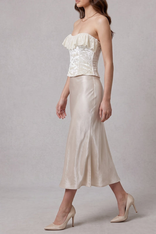 Strapless Ruffle Lace Trim Velvet Jacquard Corset Top