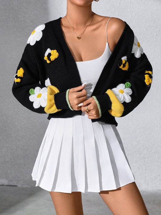 3D Daisy Bee V Neck Long Sleeve Cropped Knit Cardigan