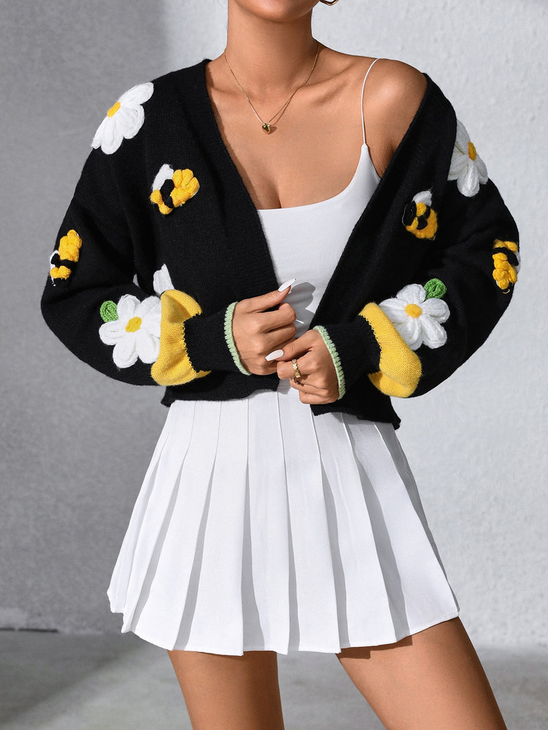 3D Daisy Bee V Neck Long Sleeve Cropped Knit Cardigan