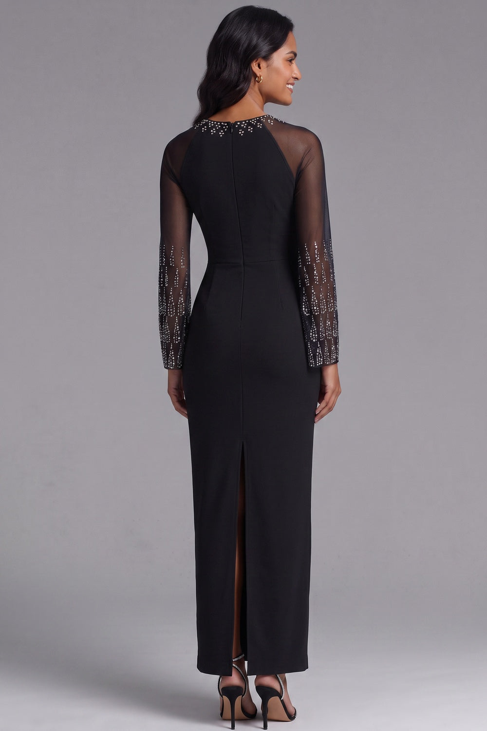 Black Heavy Stretch Crepe Sheath Maxi Dress with Sheer Embellished Sleeves black heavy stretch crepe dress - product view 5