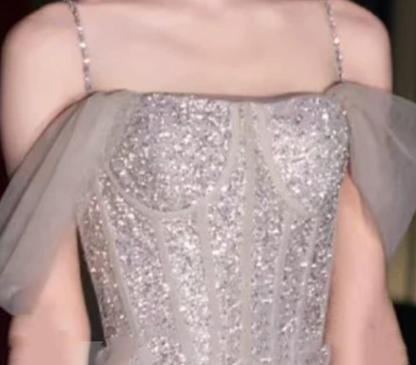 champagne sequined tulle A-line evening gown