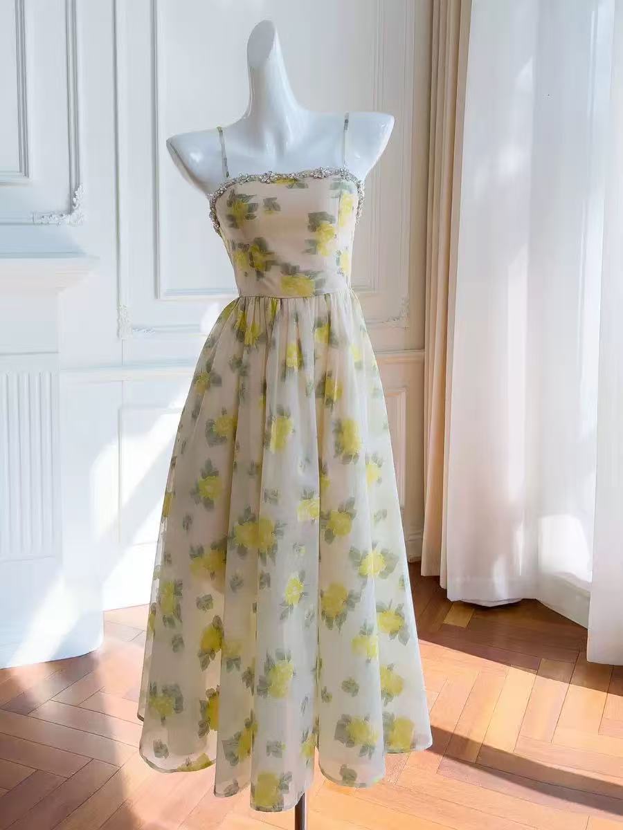 Lemon Yellow Strapless Long Cocktail Dress-Butter Cup