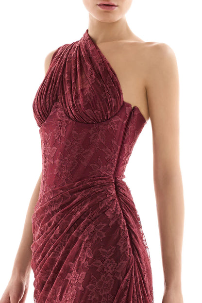 Wendy one-shoulder Lace maxi Dress In Burgundy