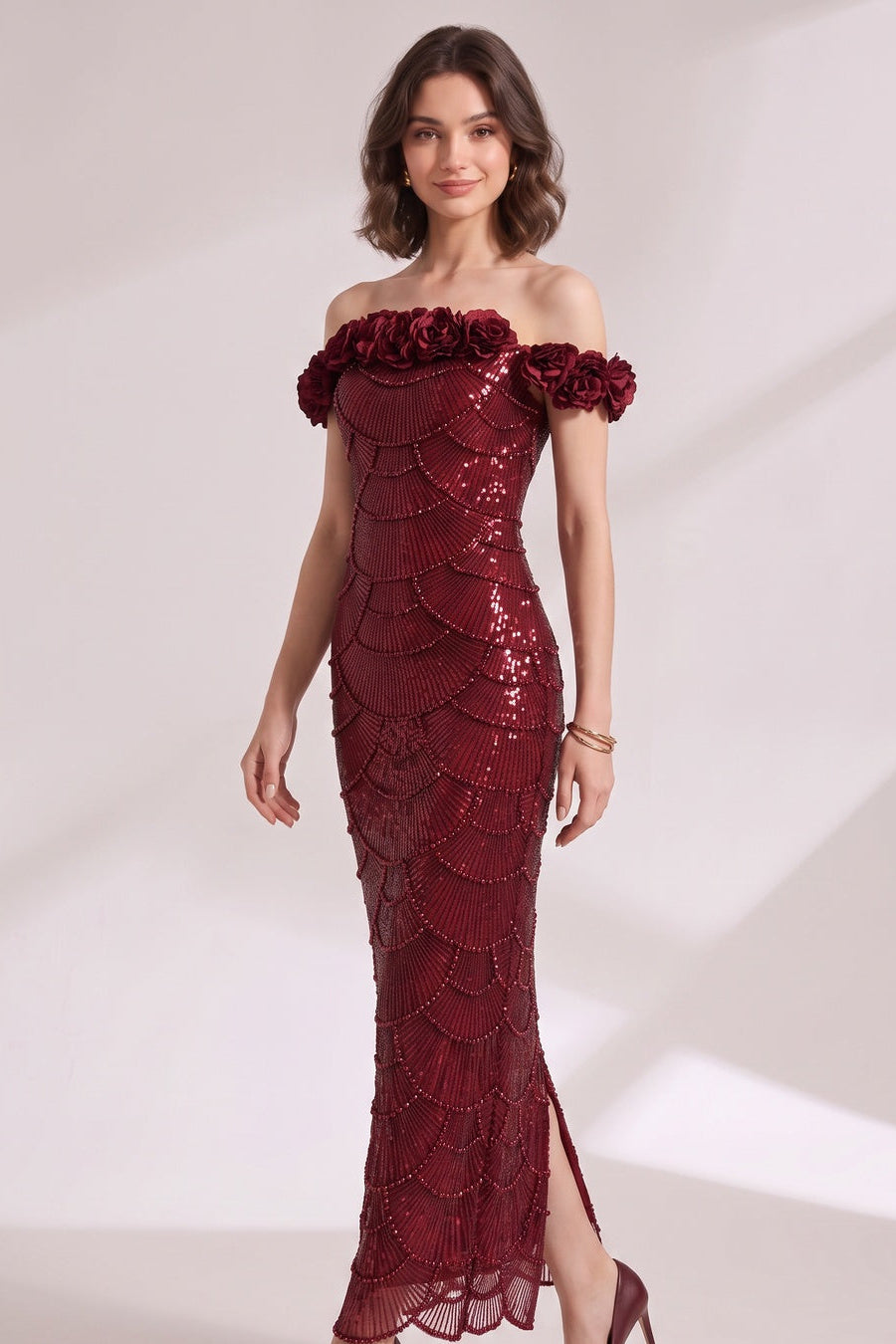 burgundy sequined mesh column gown burgundy sequined mesh gown - product view 4