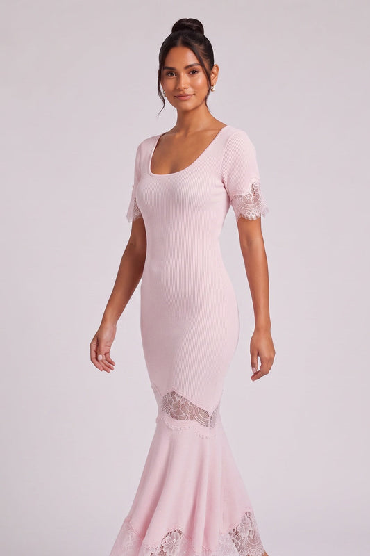 Light Pink Ribbed Knit Mermaid Maxi Dress with Lace Inserts light pink ribbed knit dress - product view 2