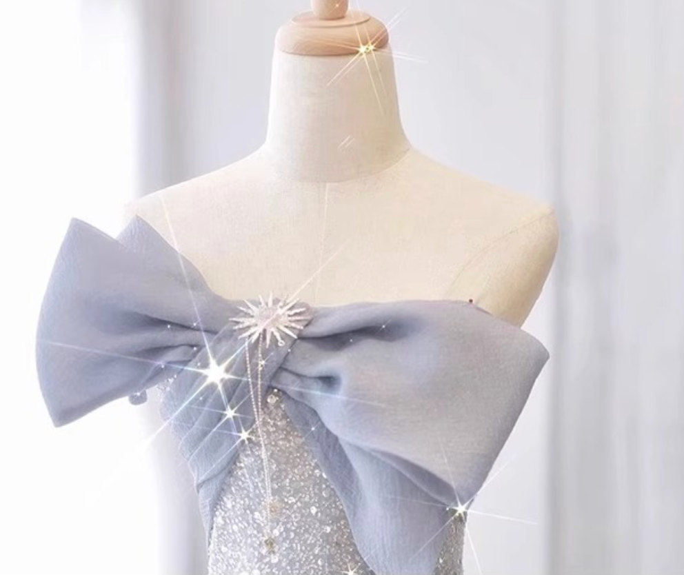 Silver-Blue Glitter Tulle A-Line Evening Gown