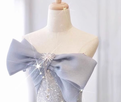 Silver-Blue Glitter Tulle A-Line Evening Gown