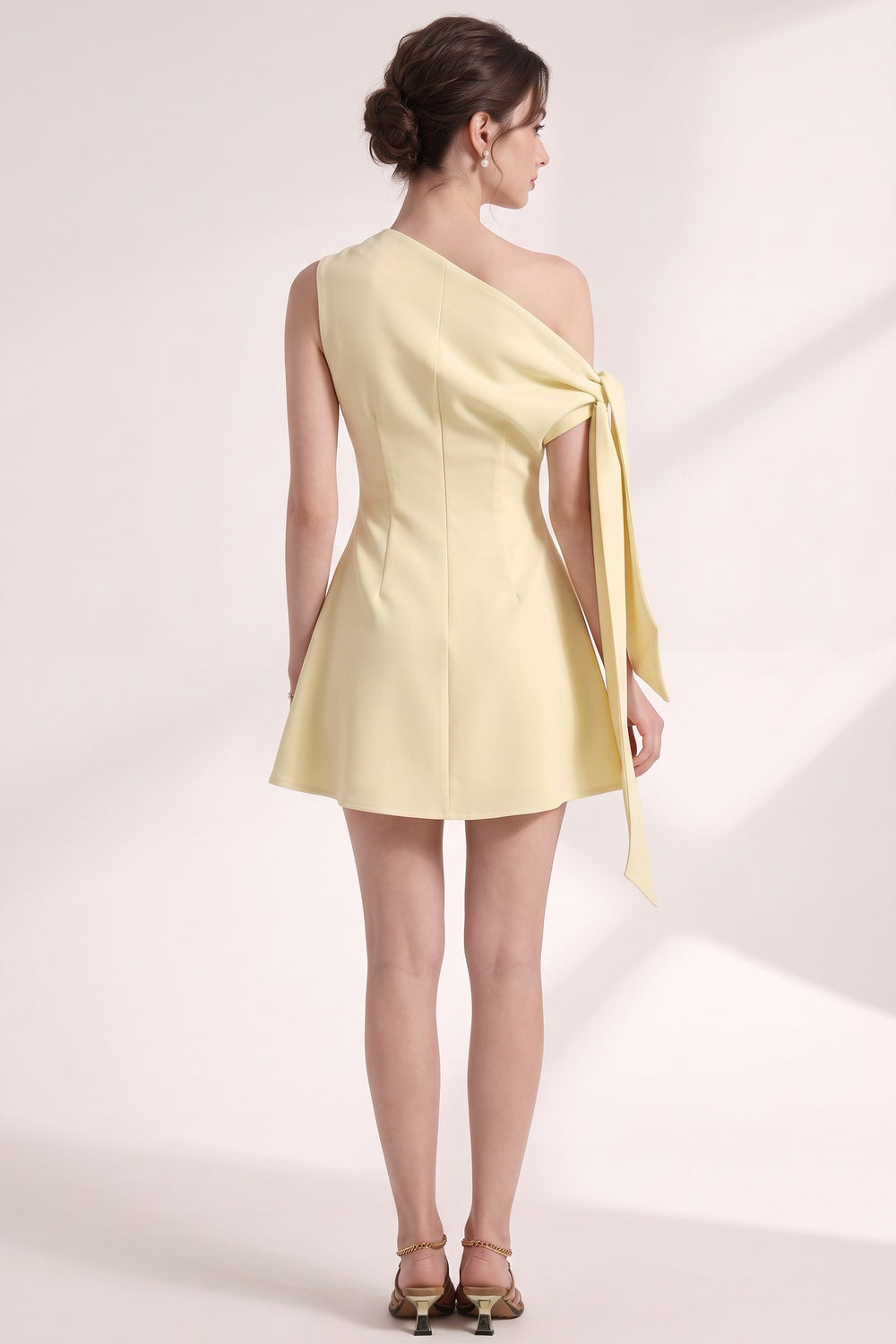 Pale Yellow Asymmetrical One-Shoulder A-Line Mini Dress pale yellow structured crepe mini dress - product view 4