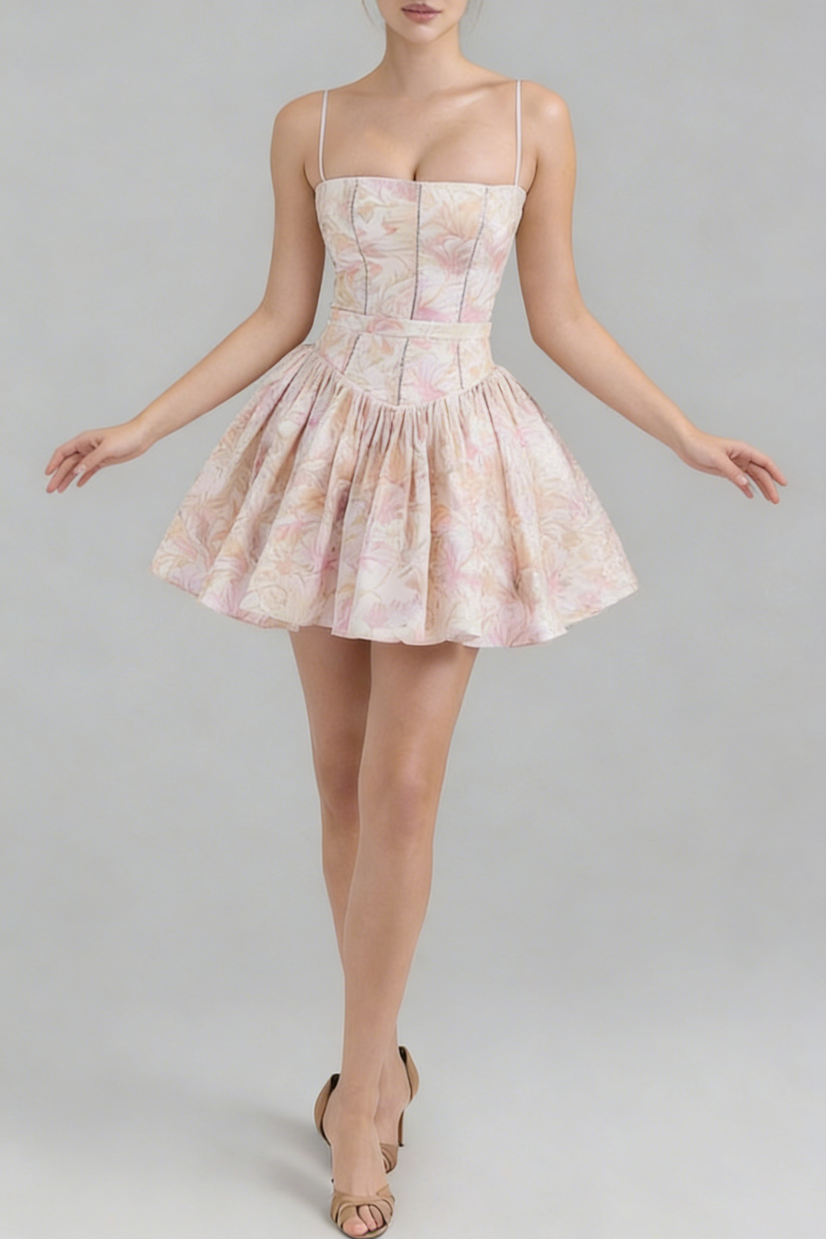 Helen Floral Stretch Cotton Mini Dress - Peach