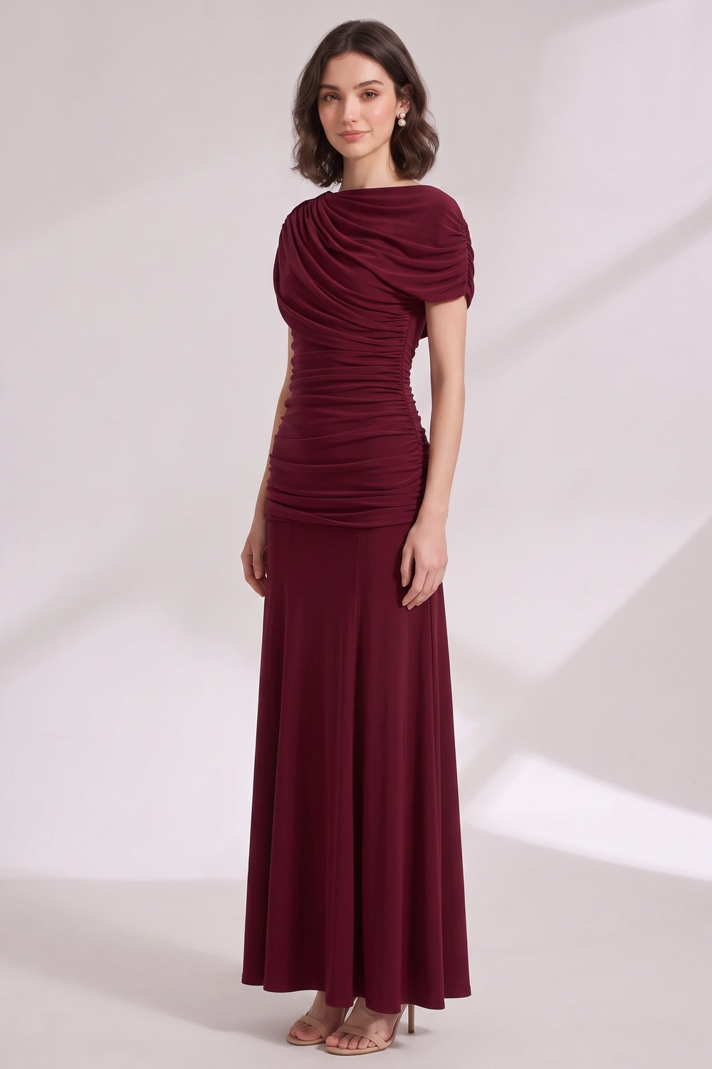 Burgundy Stretch Jersey Fitted Bodice with Flared Skirt Gown burgundy stretch jersey gown - product view 2