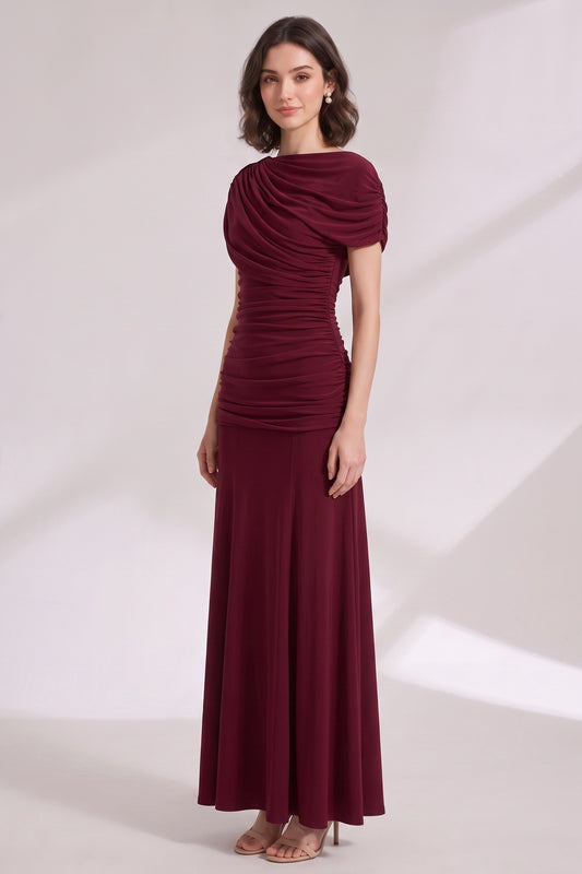 Burgundy Stretch Jersey Fitted Bodice with Flared Skirt Gown burgundy stretch jersey gown - product view 2