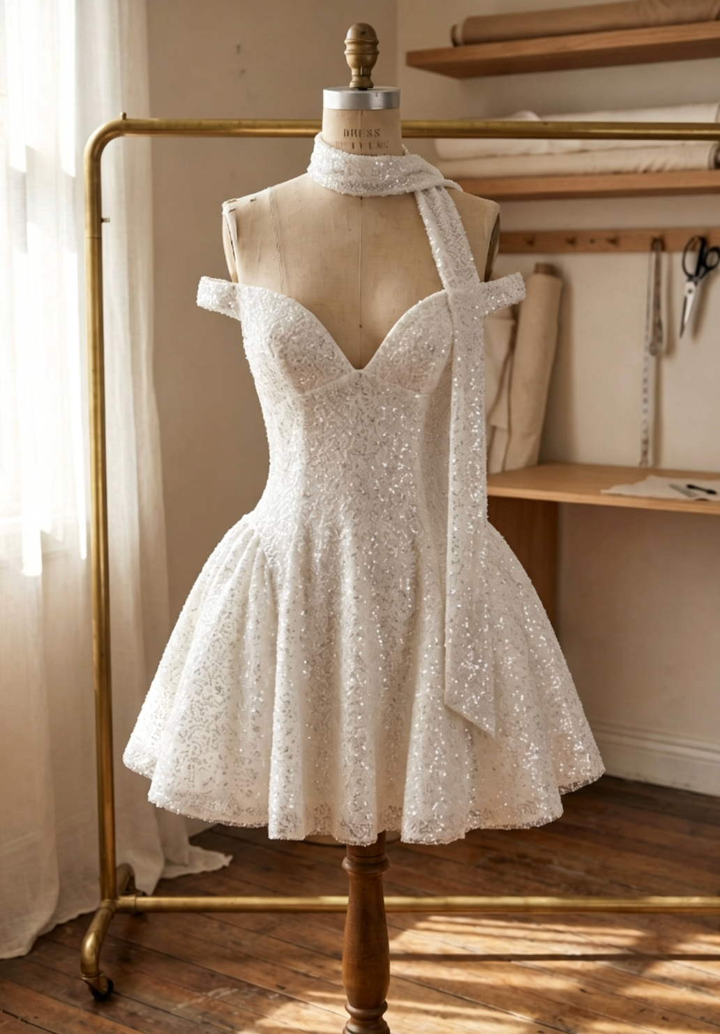 White Sequined Mesh Fit-and-Flare Mini Dress with Matching Neck Scarf