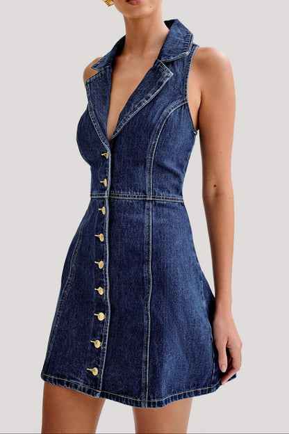 eartha Collared Denim Mini Dress - Dark Blue