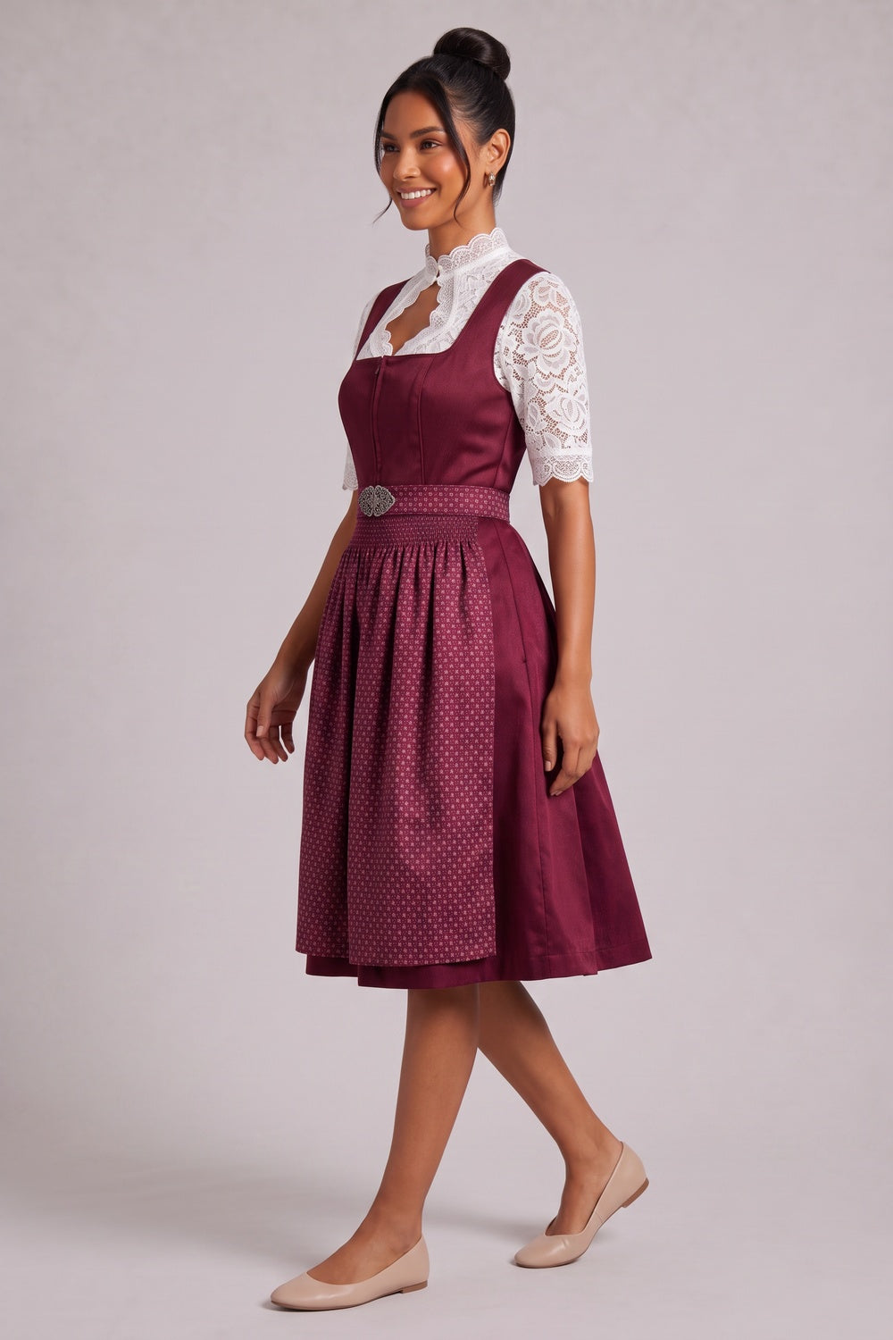 burgundy satin-finish polyester or taffeta fit-and-flare dirndl dress set burgundy, white satin-finish polyester or taffeta dirndl dress set - product view 3