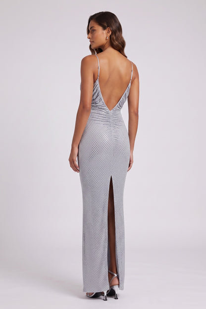 silver metallic knit column evening gown silver, light grey metallic knit evening gown - product view 2