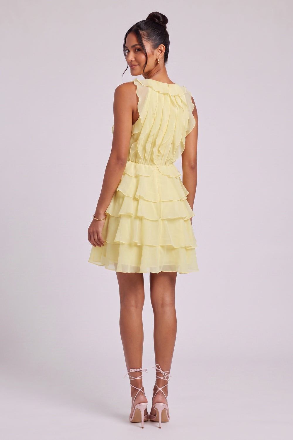 Pastel Yellow Chiffon Fit-and-Flare Mini Dress pastel yellow chiffon dress - product view 5