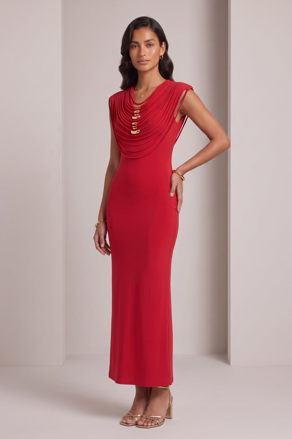 red stretch jersey or crepe fitted column dress red stretch jersey or crepe dress - product view 2