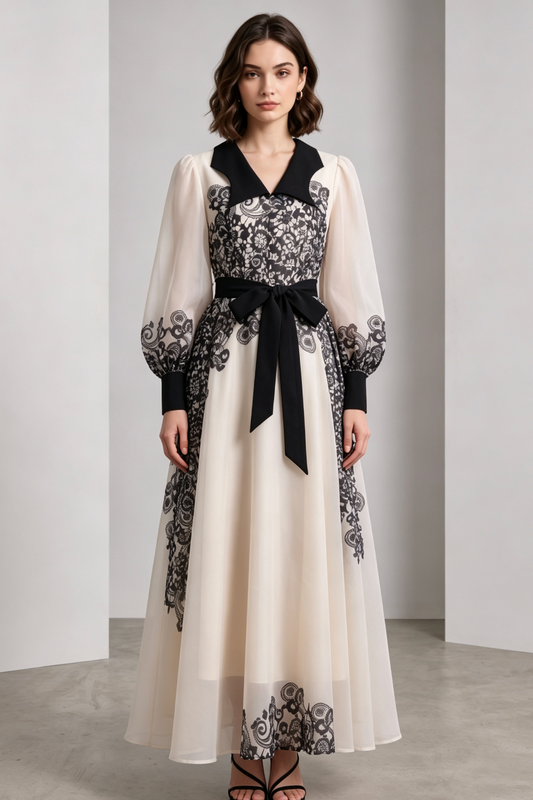 cream sheer organza A-line maxi dress