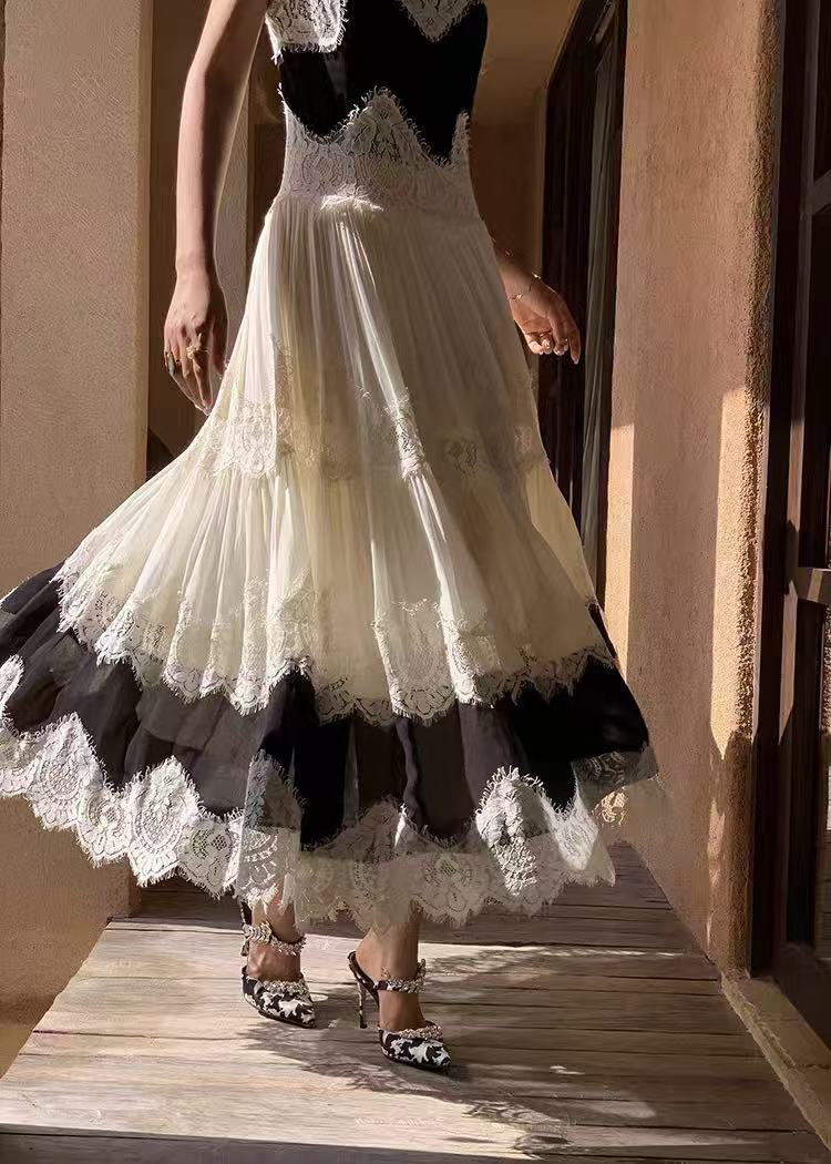 Black & White Lace Tiered Spaghetti Strap Maxi Dress