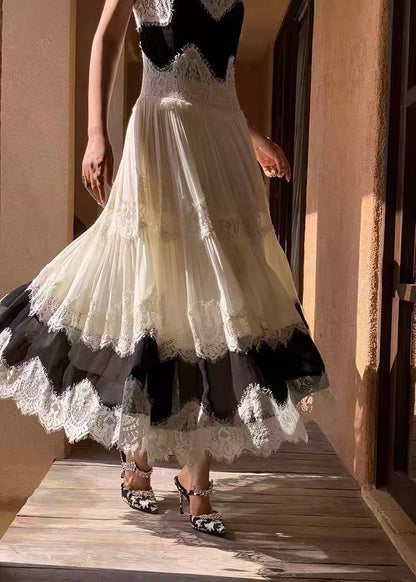 Black & White Lace Tiered Spaghetti Strap Maxi Dress