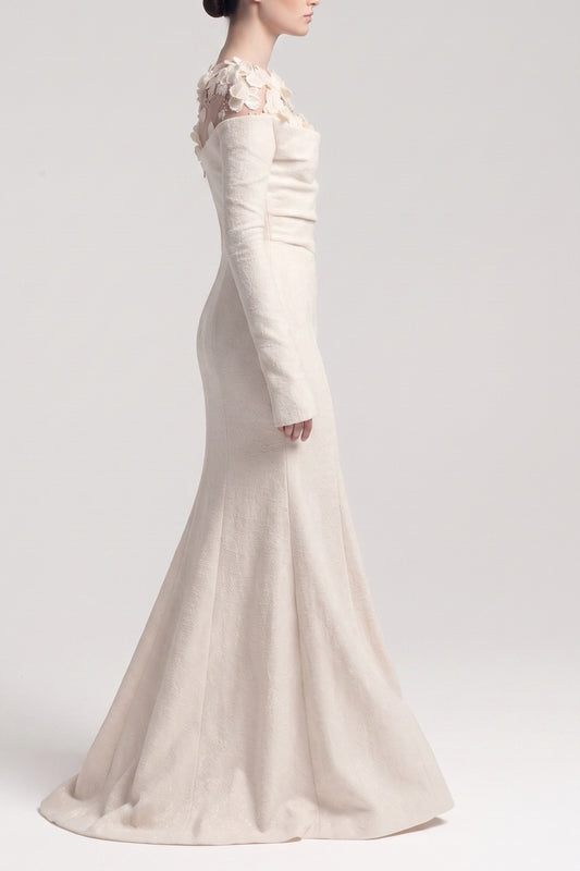 Off-The-Shoulder 3D Floral Sheer Yoke Mermaid Maxi Gown