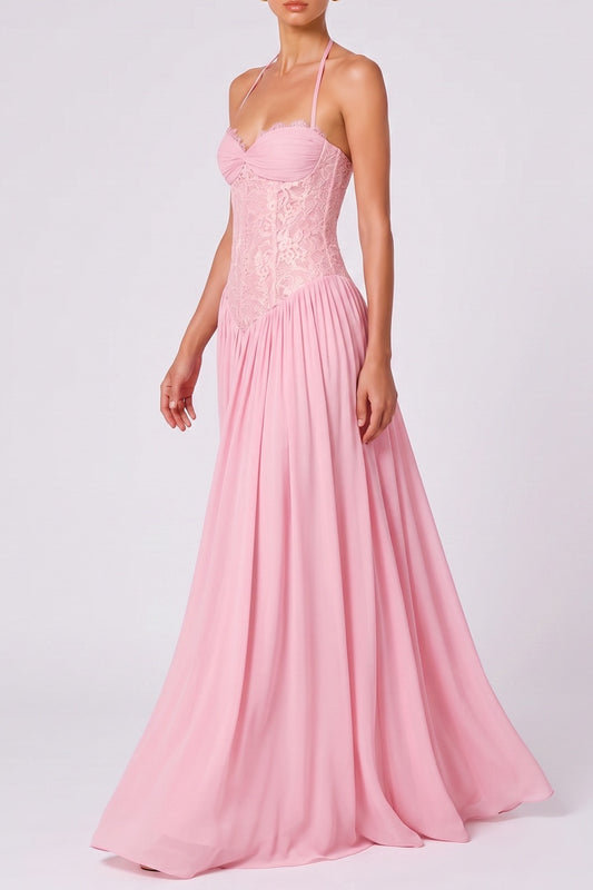 Halter Twist Bust Lace Corset Chiffon Maxi Dress