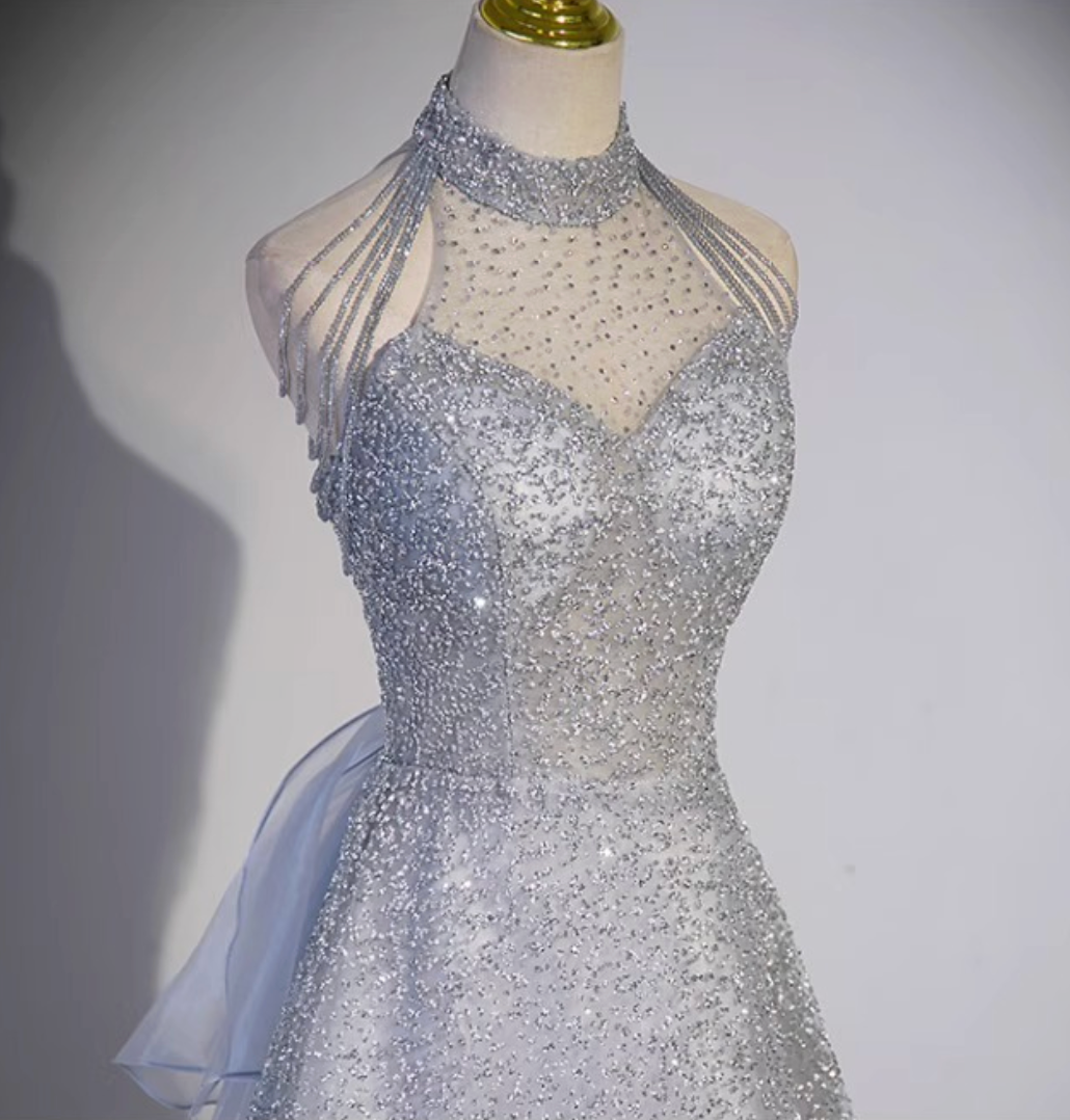 Silver Tulle A-Line Evening Gown
