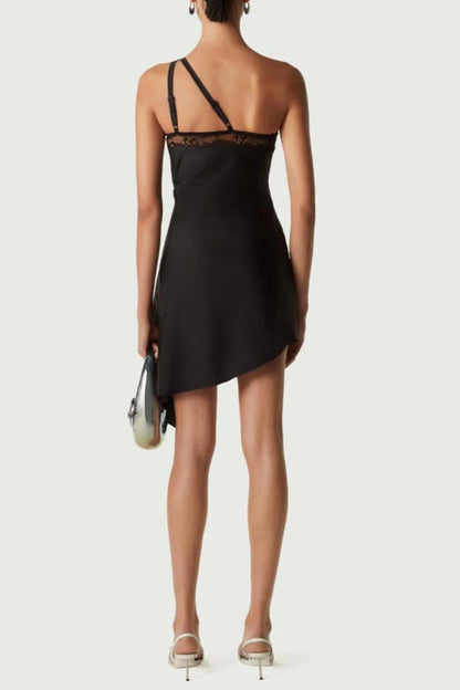 one-shoulder lace hollow mini dress in black