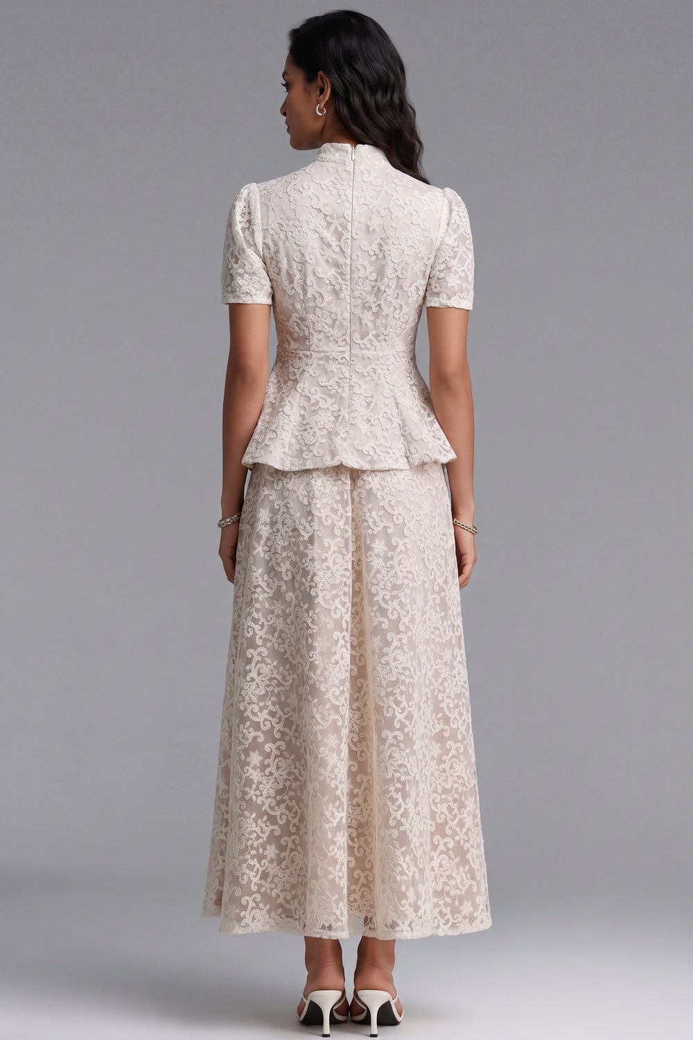 Ivory Lace Peplum Top & A-Line Maxi Skirt Two-Piece Set Ivory Lace Two-piece set - product view 3