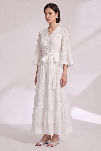 White A-Line Tiered Maxi Dress with Lace Inserts white lightweight cotton or linen blend dress - product view 2