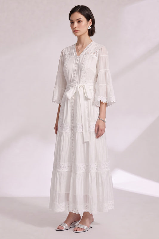 White A-Line Tiered Maxi Dress with Lace Inserts white lightweight cotton or linen blend dress - product view 2