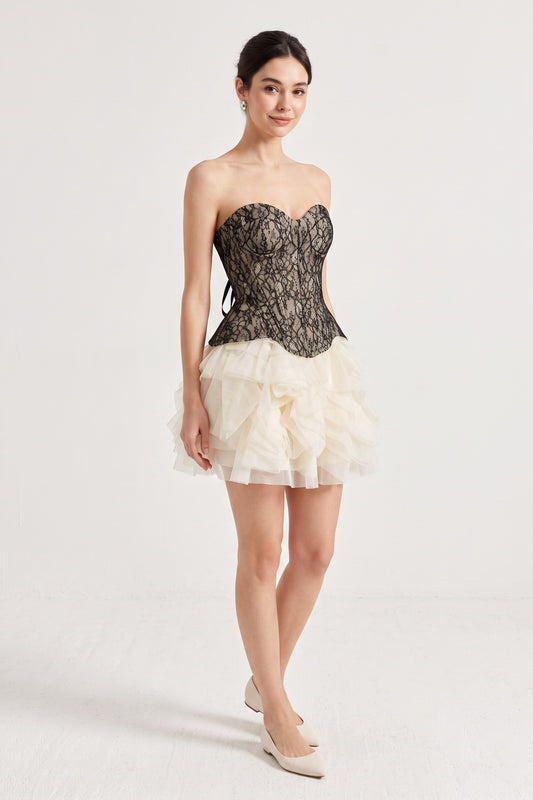 Strapless Black Lace Corset Ruffle Tulle Mini Dress