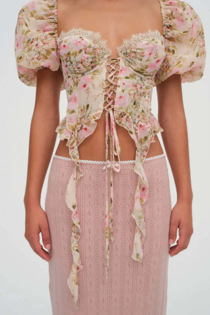 pink Tie-Drape Chiffon Shirt with Ruffled Puff Sleeves