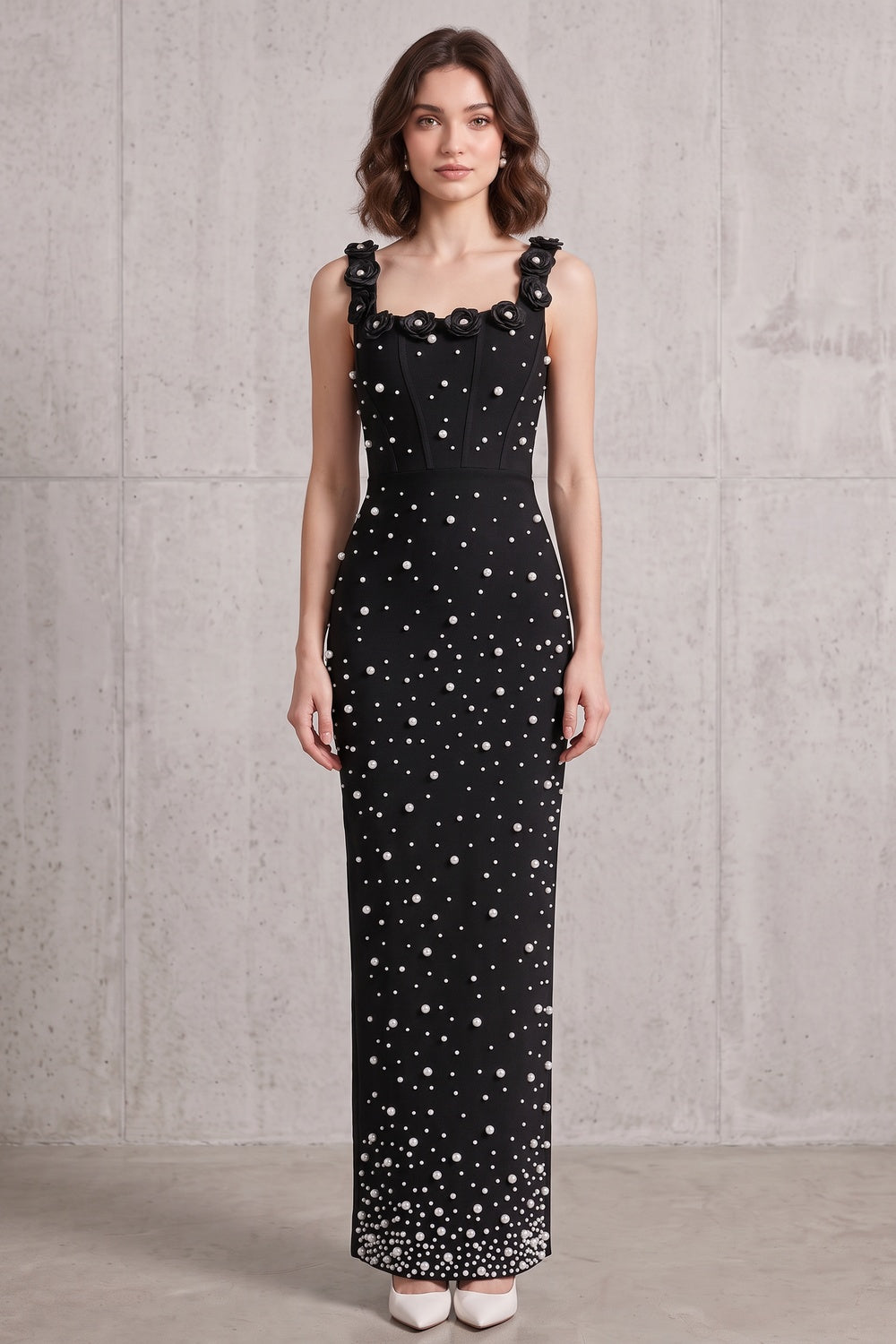 Black Heavyweight Stretch Knit Column Maxi Dress with Pearl Embellishments black heavyweight stretch knit maxi dress - product view 3