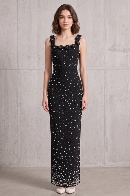 Black Heavyweight Stretch Knit Column Maxi Dress with Pearl Embellishments black heavyweight stretch knit maxi dress - product view 3