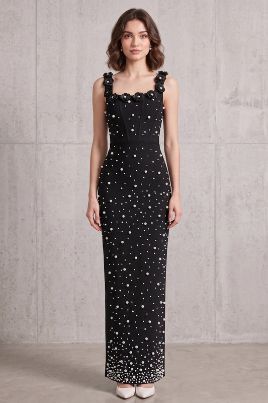 Black Heavyweight Stretch Knit Column Maxi Dress with Pearl Embellishments black heavyweight stretch knit maxi dress - product view 3