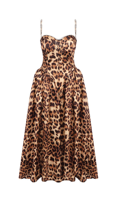 Animal Print Crystal Bustier A Line Midi Dress