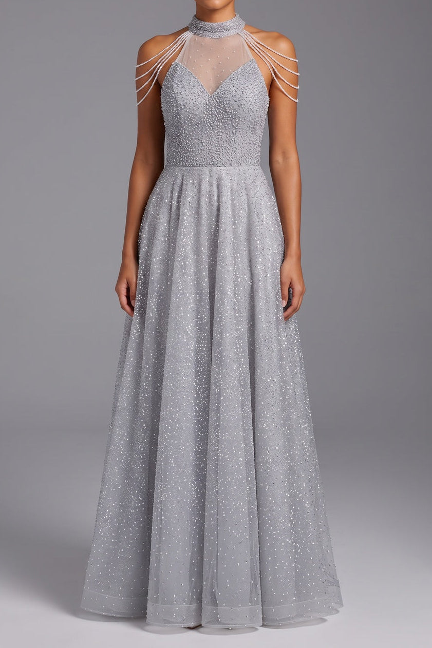 Silver Tulle A-Line Evening Gown silver, light grey tulle evening gown - product view 1