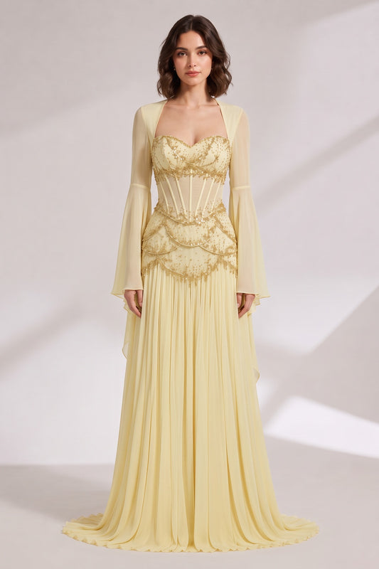 pale yellow chiffon a-line gown pale yellow chiffon gown - product view 1