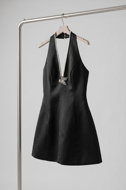 Black Satin Halter Mini Dress With Butterfly Pearl Detail