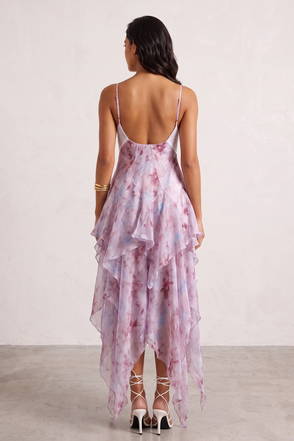 Pink Watercolor Floral Lace V-Neck Asymmetric Ruffle Maxi Slip Dress
