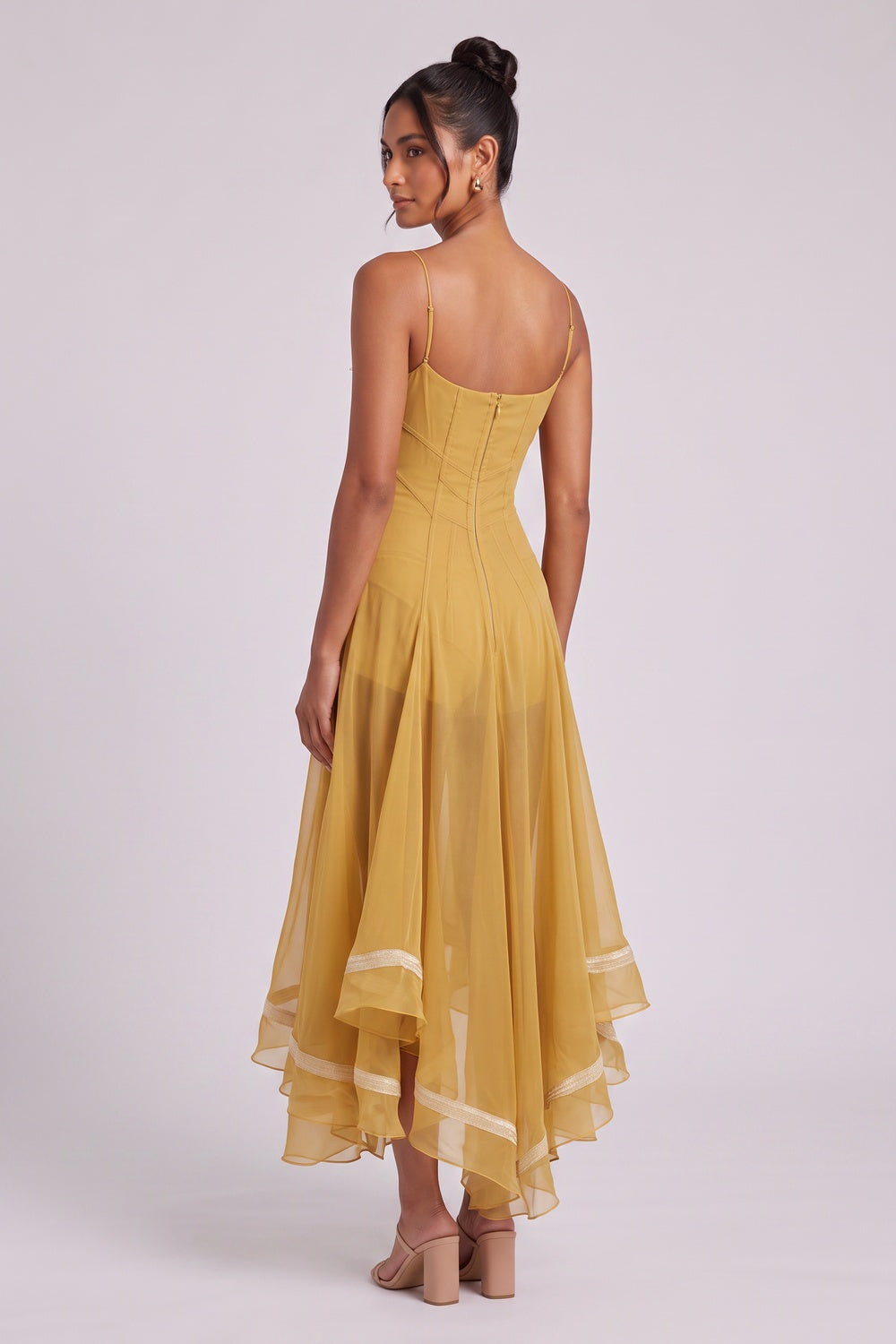 Mustard Yellow Sheer Chiffon Fit-and-Flare Midi Dress with White Scalloped Collar mustard yellow sheer chiffon or organza dress - product view 5