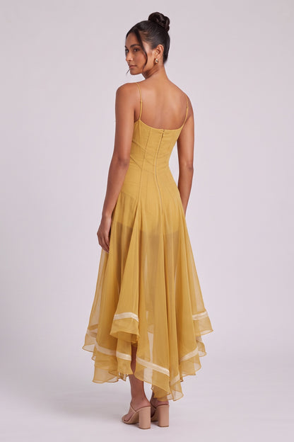 Mustard Yellow Sheer Chiffon Fit-and-Flare Midi Dress with White Scalloped Collar mustard yellow sheer chiffon or organza dress - product view 5