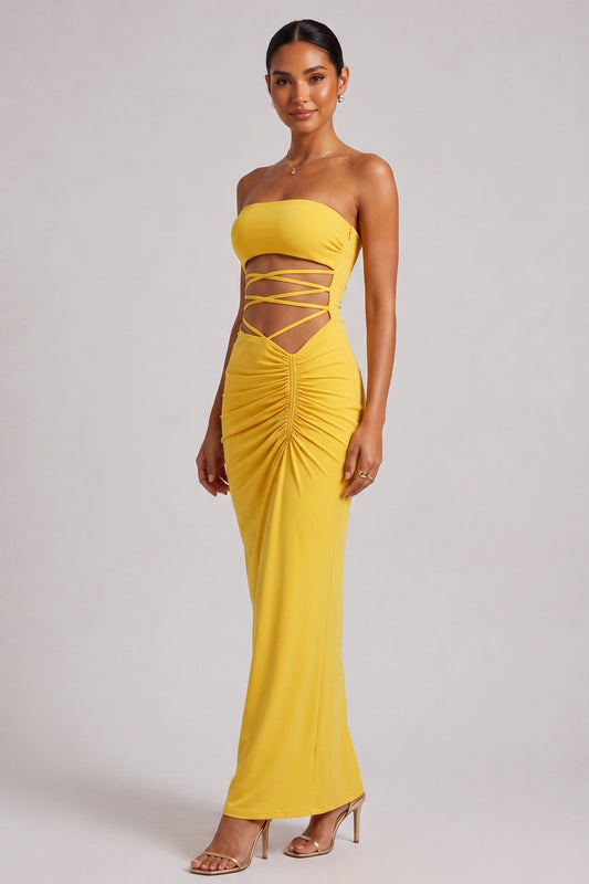 Yellow Strapless Maxi Dress with Side Cutout Detail Premium Fabric - product view 3