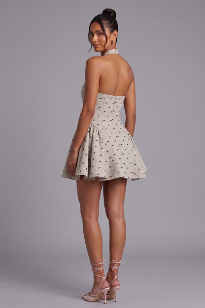 Halter Neck Mini Dress with Bow Print Premium Fabric - product view 2