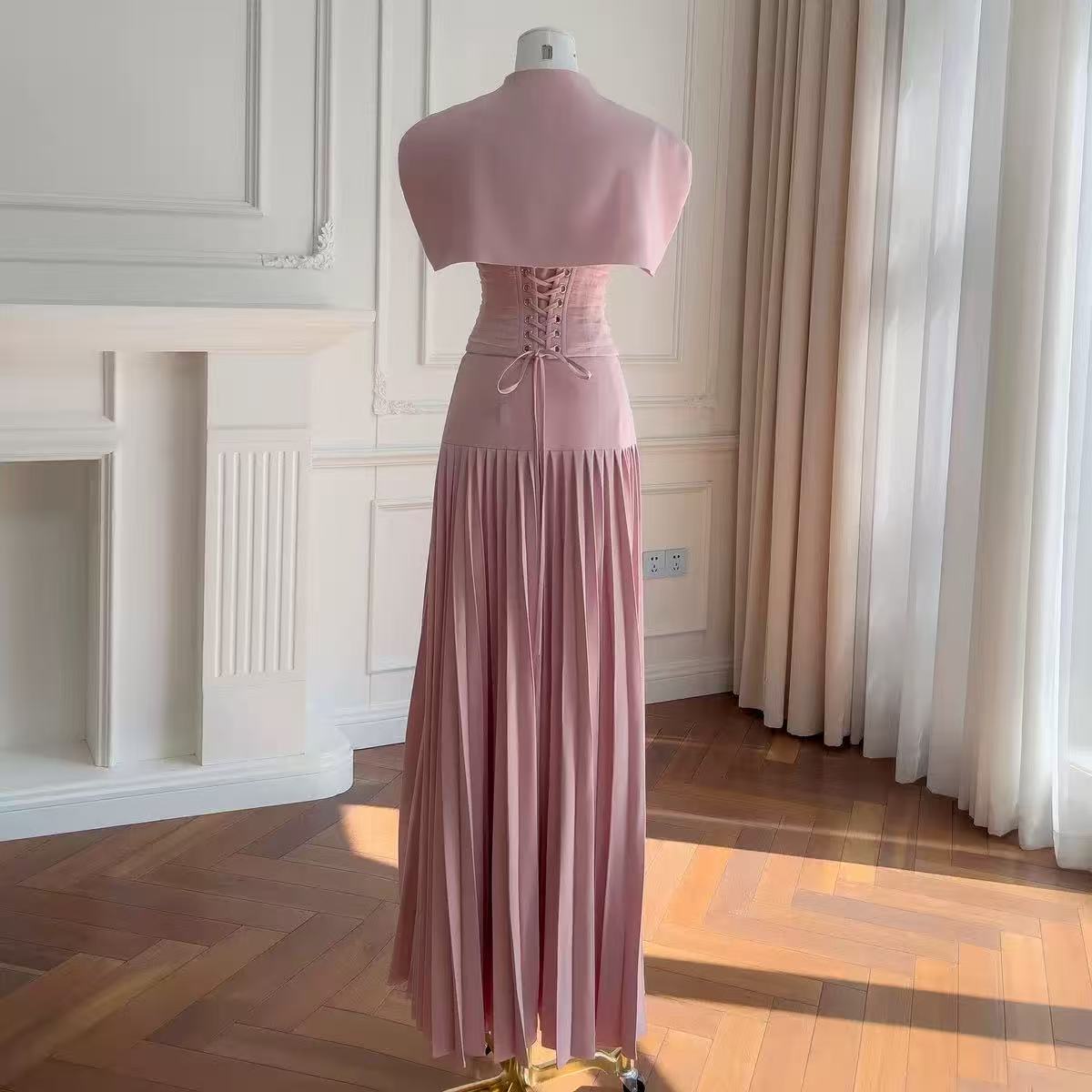 Cape Bow Pearl Corset Pleated Maxi Dress