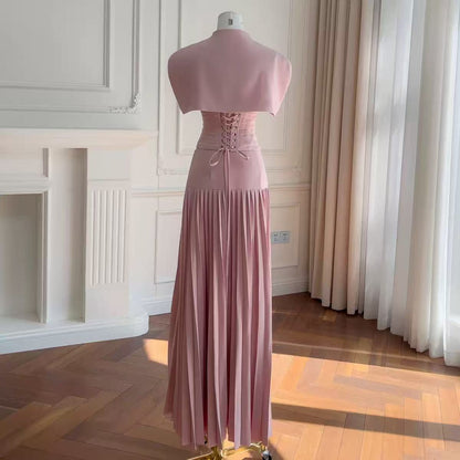 Cape Bow Pearl Corset Pleated Maxi Dress