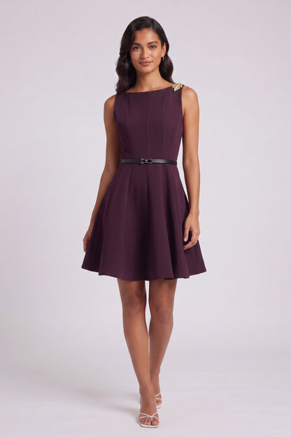 Deep Plum Structured Crepe Fit-and-Flare Mini Dress deep plum structured crepe dress - product view 2