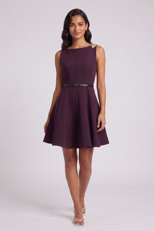 Deep Plum Structured Crepe Fit-and-Flare Mini Dress deep plum structured crepe dress - product view 2