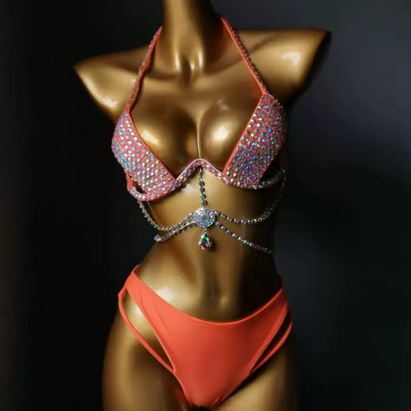 Orange Rhinestone Halter Two‑Piece Bikini Set With Crystal Body Chain